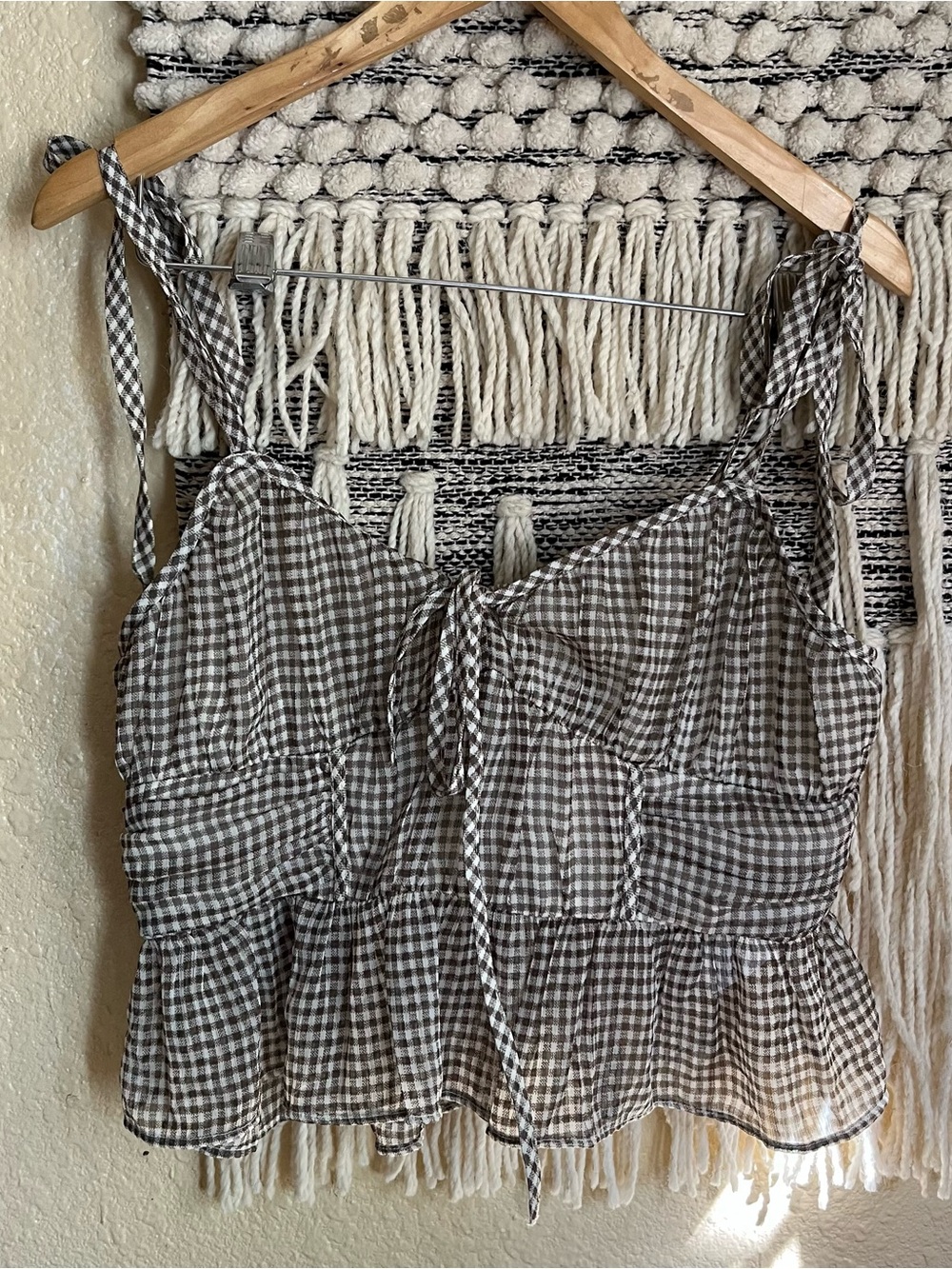 American Eagle Outfitters Brown Gingham Tie-Shoulder Crop Top